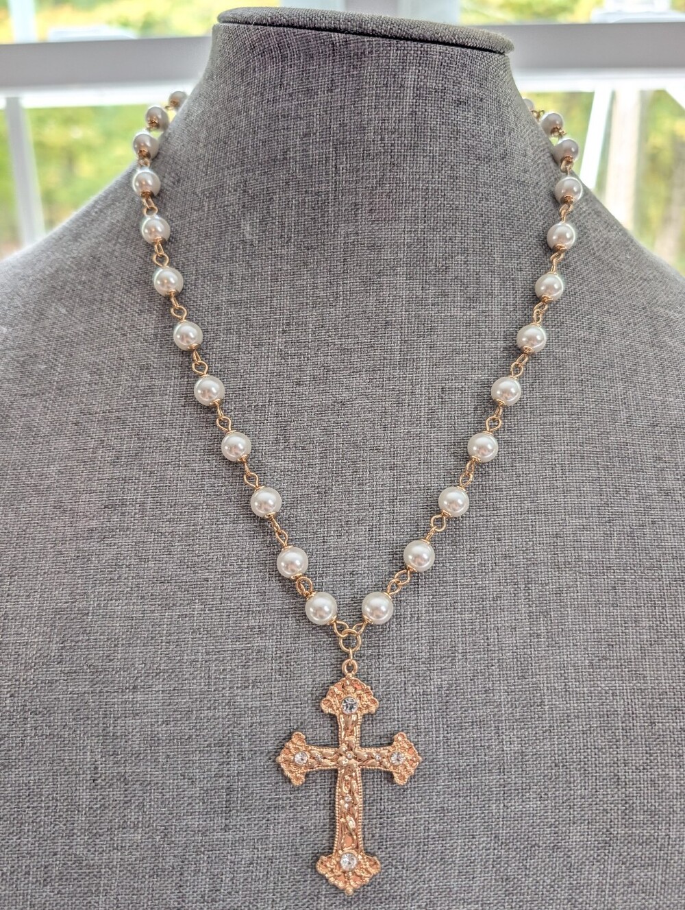 Gold Tone White Glass Faux Pearl Ornate Rhinestone Cross Pendant Necklace